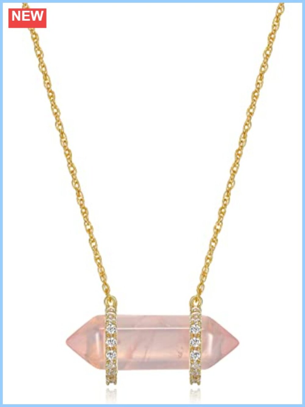 Sterling Silver 18K Gold Plated Hexagonal Rose Quartz Pendant Necklace 16"